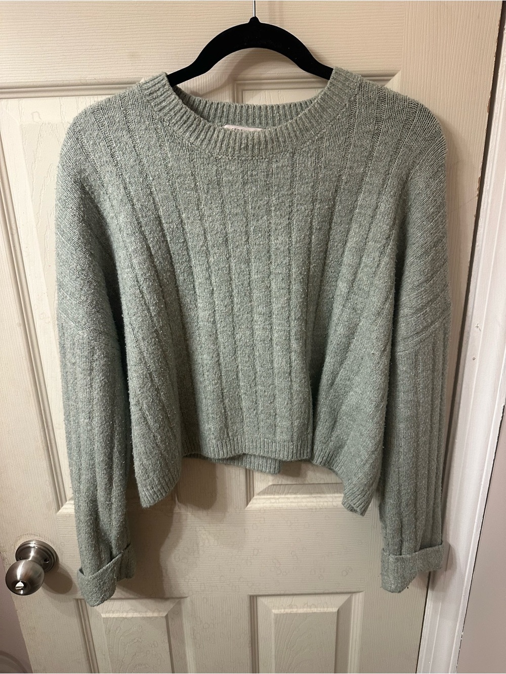 Sincerely Jules Ribbed Cropped Crewneck Sweater in Light Sage Green